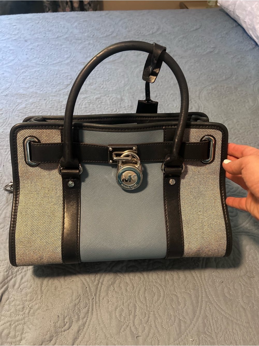 Michael Kors Light Blue and Dark Blue Leather-Trim Satchel with Signature Lock